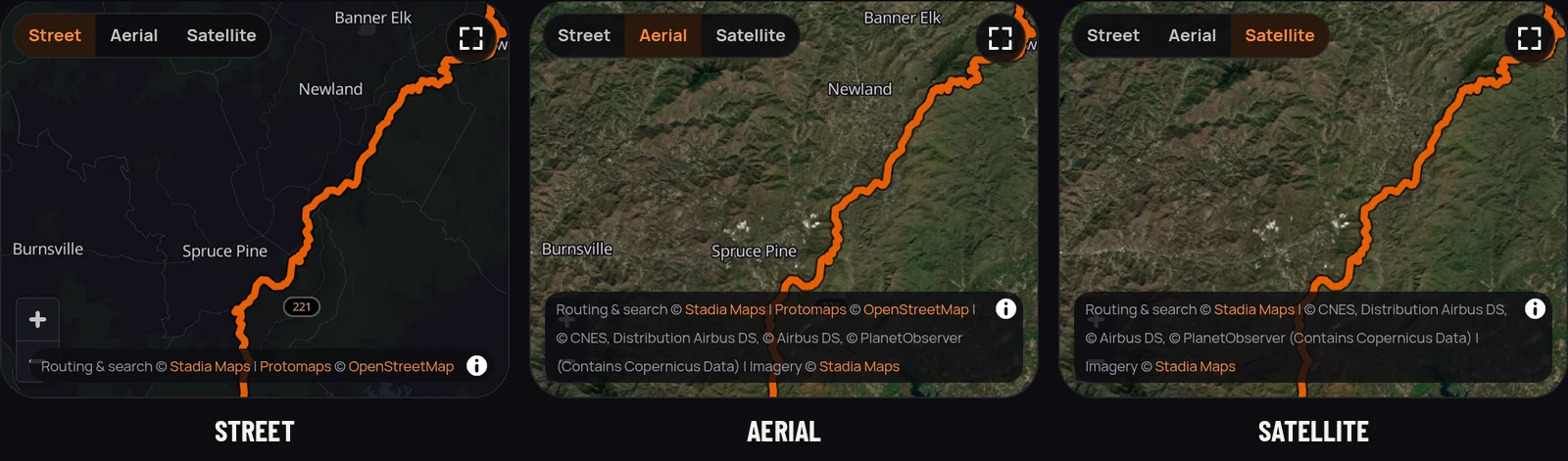 The same stretch of road in the three map styles: Street (dark vector map), Aerial (imagery with roads and labels) and Satellite (imagery only)