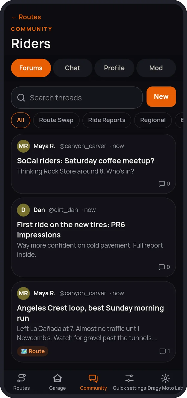 Community forums in Routes: ride meetups, tire impressions and a shared route card