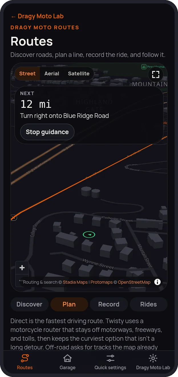Navigation mode in Routes: the next turn banner, a close 3D street view and the route line