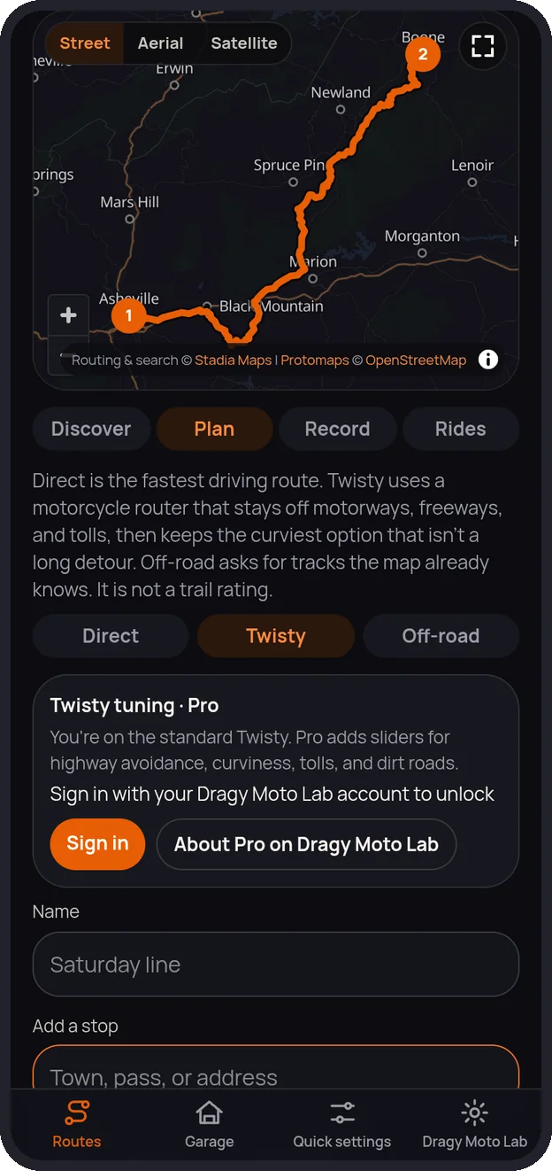 Routes on a phone: a Twisty route from Asheville to Boone on the dark map, with Direct, Twisty and Off-road choices and Pro twisty tuning